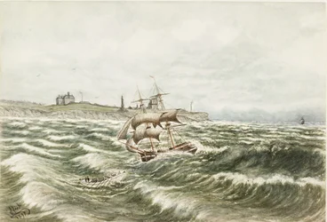 Rescue off Tynemouth (akvarel a tělová barva na papíře)