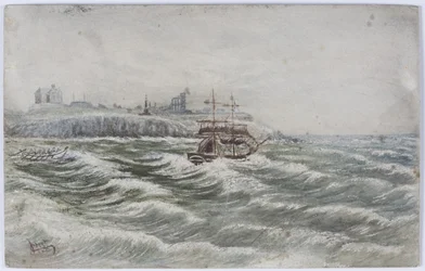 Stranding of the Belly of Littlehampton a Loss of the Life Boat Crew of the Tyne (akvarel, barva těla a škrábání na papíře)