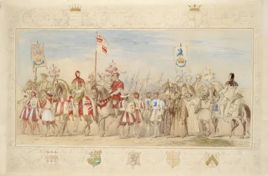 William hrabě z Cravenu, rytíř gryfa a Henry de la Poer Beresford, markýz z Waterfordu, rytíř draka, 1839 (tužka, čb, kvaš a zlatá barva na papíře) (viz také 366230)