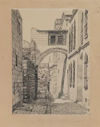 Část antického oblouku zvaného Ecce Homo, ilustrace ze Života našeho Pána Ježíše Krista (inkoust a grafit na kartonu)