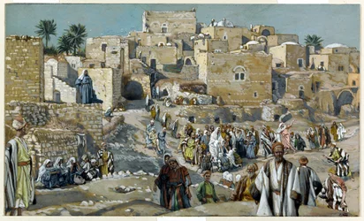 Ježíš prochází vesnicemi na cestě do Jeruzaléma, ilustrace pro Život Kristův, kolem 1884-96
