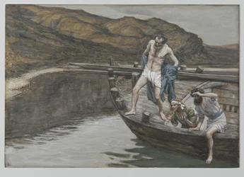 Svatý Petr, upozorněný svatým Janem na přítomnost Pána, se vrhá do vody, ilustrace ze Života našeho Pána Ježíše Krista, 1886-94