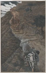 Svatý Petr a svatý Jan následují z dálky, ilustrace ze Života našeho Pána Ježíše Krista, 1886-94 (wc přes grafit na papíře)
