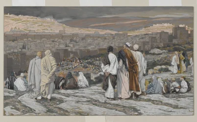 Učedníci, kteří opustili svůj úkryt, hodinky z dálky v agónii, ilustrace ze Života našeho Pána Ježíše Krista, 1886–94 (wc přes grafit na papíře)
