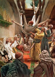 Ochrnutý muž spuštěný střechou, ilustrace k Životu Kristovu, kolem 1886-94