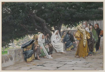 Farizeové a saduceové přicházejí pokoušet Ježíše, ilustrace z knihy Život našeho Pána Ježíše Krista, 1886-94