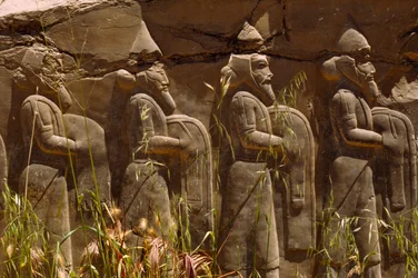 Reliéf starověkých perských bojovníků u vchodu do Persepole. Persepolis, Írán.