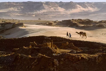 Velbloud se členy solné karavany přechází pouštní náhorní plošinu v BILMĚ, NIGER. BILMA, NIGER.