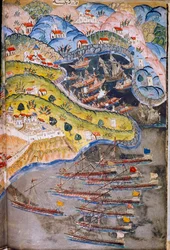 V roce 1543 zaútočili piráti na Nice ve Francii, které bylo v držení Římské říše. Muzeum Topkapi, Istanbul, Turecko.