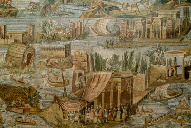 Římská mozaika zobrazující fantaskní pohled na rozvodněný Nil. Museo Archeolog...