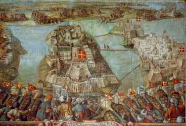 Tato freska zobrazuje obléhání Malty Turky v roce 1565. Umělecké dílo.