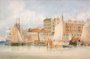 Pohled na Billingsgate Wharf a trh s plavidly a lidmi, City of London, 1824.
