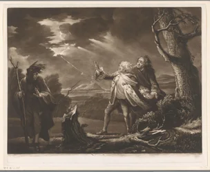 David Garrick jako král Lear s hrabětem z Kentu a Edgarem v přestrojení za Toma v bouřlivé krajině