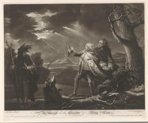 David Garrick jako král Lear s hrabětem z Kentu a Edgarem v přestrojení za Toma v bouřlivé krajině pan. Garrick v postavě krále Leara (název na předmětu)