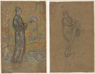 Japonská žena malující vějíř (recto); stojící žena zvedající své šaty (verso)