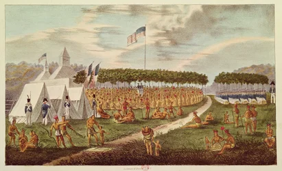 Pohled na Velkou smlouvu konanou v Prairie du Chien, Wisconsin, září 1825, z „The Aboriginal Portfolio“, 1825 (barevná rytina)