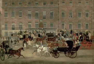 Hatchetts – sklep bílého koně, Piccadilly, Devonport Mail a Barouche v popředí