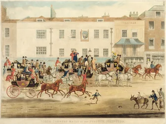 Poštovní dostavníky ze severních hrabství v The Peakcock, Islington, 1838