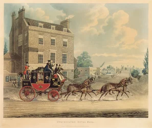 Quicksilver Royal Mail míjející Hvězdu a podvazek na Kew Bridge, 1835