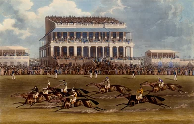 The Grand Stand at Epsom Races, tisk vytvořil Charles Hunt, 1836 (akvatinta)