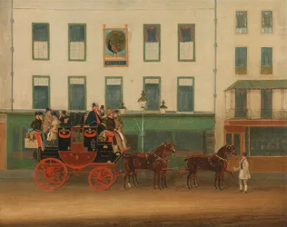 Dostavník Londýn-Manchester, „the Peveril of the Peak“, před Peacock Inn, Islington