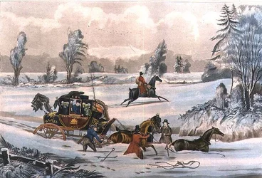 Poštovní autobus v závějí sněhu, vyryl G. Reeves, hospoda. od J. Watsona 21/9/1825 (rytina)
