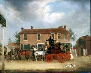 The Norwich to London Mail at the Coach and Horses, Ilford (olej na plátně)