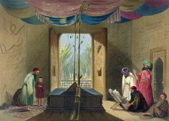 Mešita a hrobka císaře sultána Mahmúda z Ghazny, tabule 10 z knihy „Krajiny, obyvatelé a kroje Afghánistánu“, vyryl Robert Carrick (asi 1829-1904), 1848