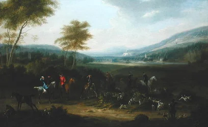A Hunting Party in a Landscape, cca 1730 (olej na plátně)