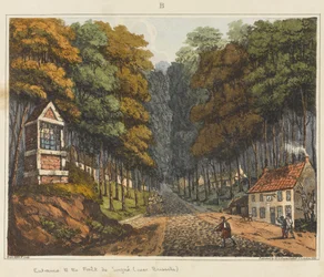 Vchod do Foret de Soigne, poblíž Bruselu, 1815, z „Historické zprávy o bitvě u Waterloo“, 1817 (barevná akvatinta)