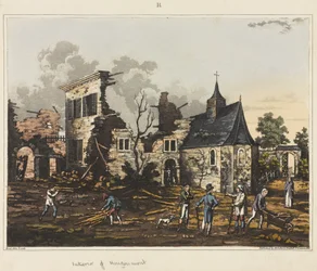 Interiér Hougoumontu, z „Historické zprávy o bitvě u Waterloo“, 1817 (barevná akvatinta)