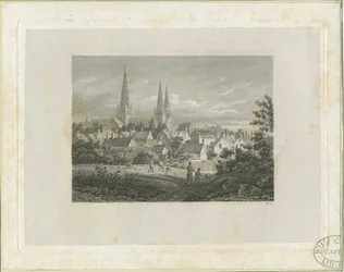 Katedrála Lichfield - pohled na severozápad (vzdálený): rytina, nd [c 1816] (tisk)