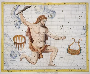 Souhvězdí Herkula s Korunou a Lyrou, deska 21 z knihy "Atlas Coelestis", autor John Flamsteed (1646-1710), vydáno v roce 1729 (ručně kolorovaná rytina)