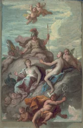 Juno, Minerva a Venuše rozesílají Merkur s jablkem sváru, kolem roku 1718