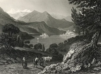 Jezero Orta, rytina Jamese Tibbitse Willmore (1800-1863), z kresby Williama Brockedona (1787-1854)