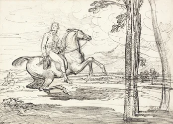 Jezdec v krajině, pravděpodobně studie pro „Theophilus Levett Fox Hunting in Wychnor Park“