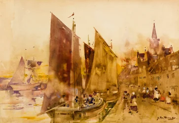 Trajektové rybářské lodě na Quayside, Montrose (akvarel)