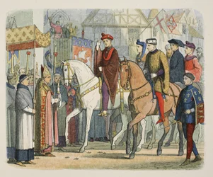 Karel VI. Francie a Jindřich V. vítáni duchovenstvem, 1. prosince 1420, od A Chronicle of England BC 55 do AD 1485, pub. Londýn, 1863
