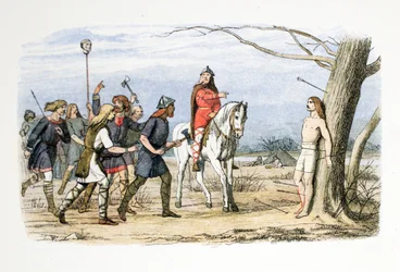 Edmund, král východní Anglie, zabit Dány, 20. listopadu 869 n. l., od A Chronicle of England BC 55 do AD 1485, pub. Londýn, 1863