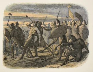 Smrt Harolda II. v bitvě u Hastingsu, 1066, od A Chronicle of England BC 55 do AD 1485, pub. Londýn, 1863