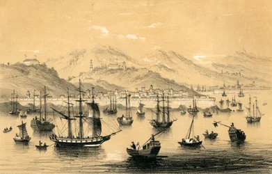 Amoy, jeden z pěti přístavů otevřených pozdní smlouvou o britském obchodu, 1847.