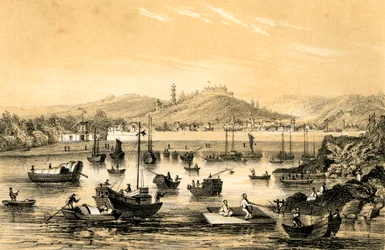 Ningbo, jeden z pěti přístavů otevřených pozdní smlouvou pro britský obchod, Čína, 1847