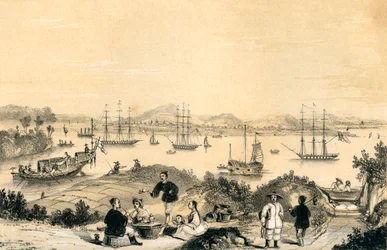 Whampoa poblíž Kantonu, kotviště pro evropskou lodní dopravu, 1847