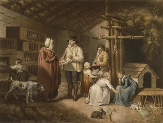 Prodej králíků, vyryl William Ward (1766-1826) 1796 (barevná mezzotinta)