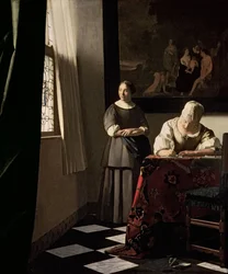 Dáma píše dopis se svou služebnou, kolem roku 1670 (olej na plátně)