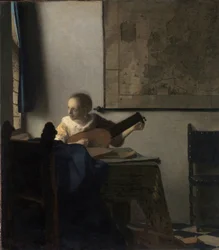 Žena v loutně - obraz Johannese Vermeera (Vermeer de Delft) (1632-1675), olej na plátně, kolem 1663, 51,4x45,7 cm. Metropolitní muzeum umění, New York