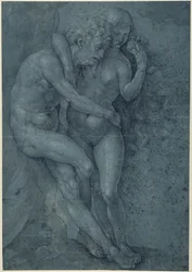 Adam a Eva (pero a černý inkoust s bílou tělovou barvou na papíře)