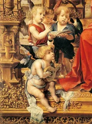 Andělé hrající na hudební nástroje, detail z centrálního panelu Malvernského triptychu