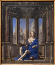 Danaé. Jupiter se promění ve zlatý déšť, aby svedl mladou ženu. Obraz Jana Gossaerta, zvaného Mabuse (1478-1532) (95 x 113 cm)