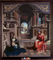 Svatý Lukáš maluje Madonu. Obraz Jana Gossaerta, zvaného Mabuse (asi 1478-1532), 1515, rozměry 205 x 230 cm, Praha, Národní galerie